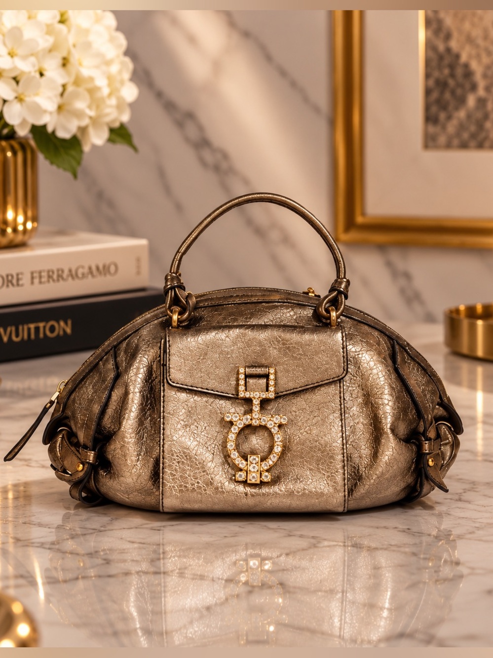 Salvatore Ferragamo Metallic Leather Crystal Gancini Mini Satchel Bronze Gold